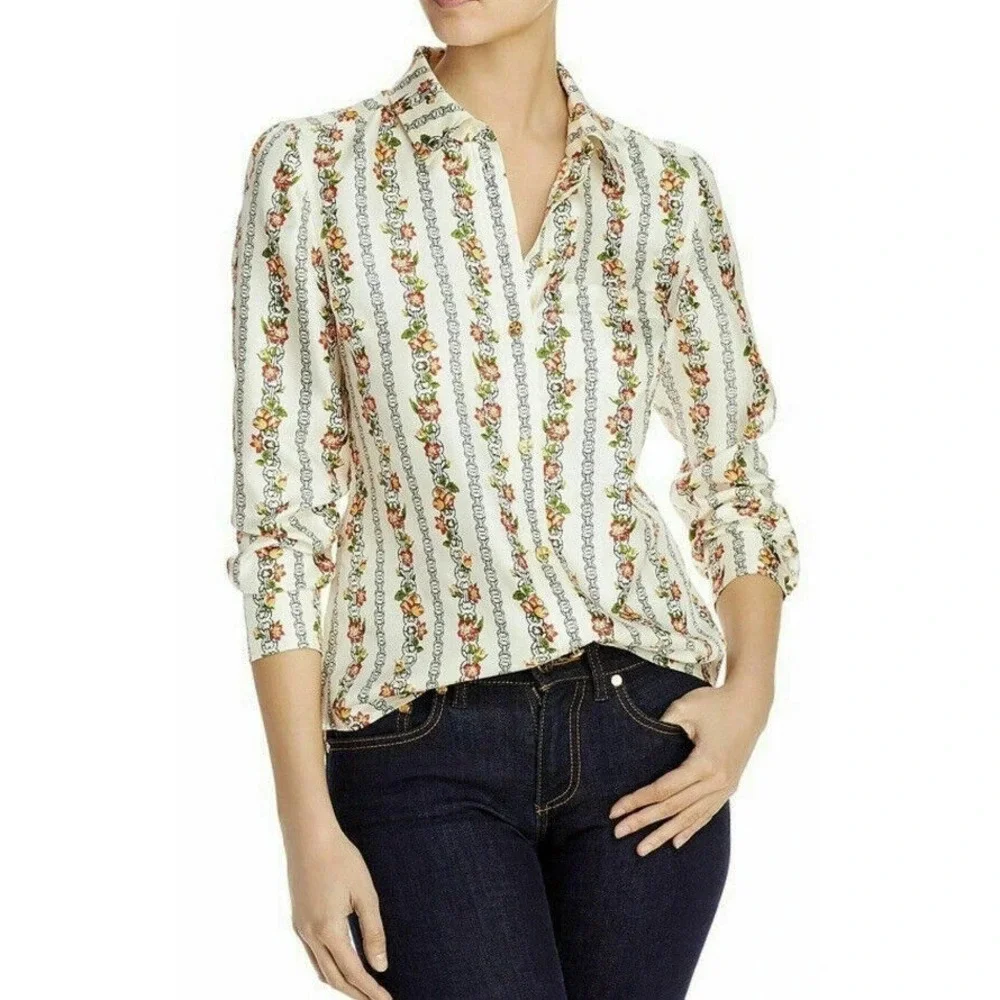 NWT Tory Burch Bridgette Silk Blouse Shirt Gemini Link Rose sz 4 $398 Floral Geo